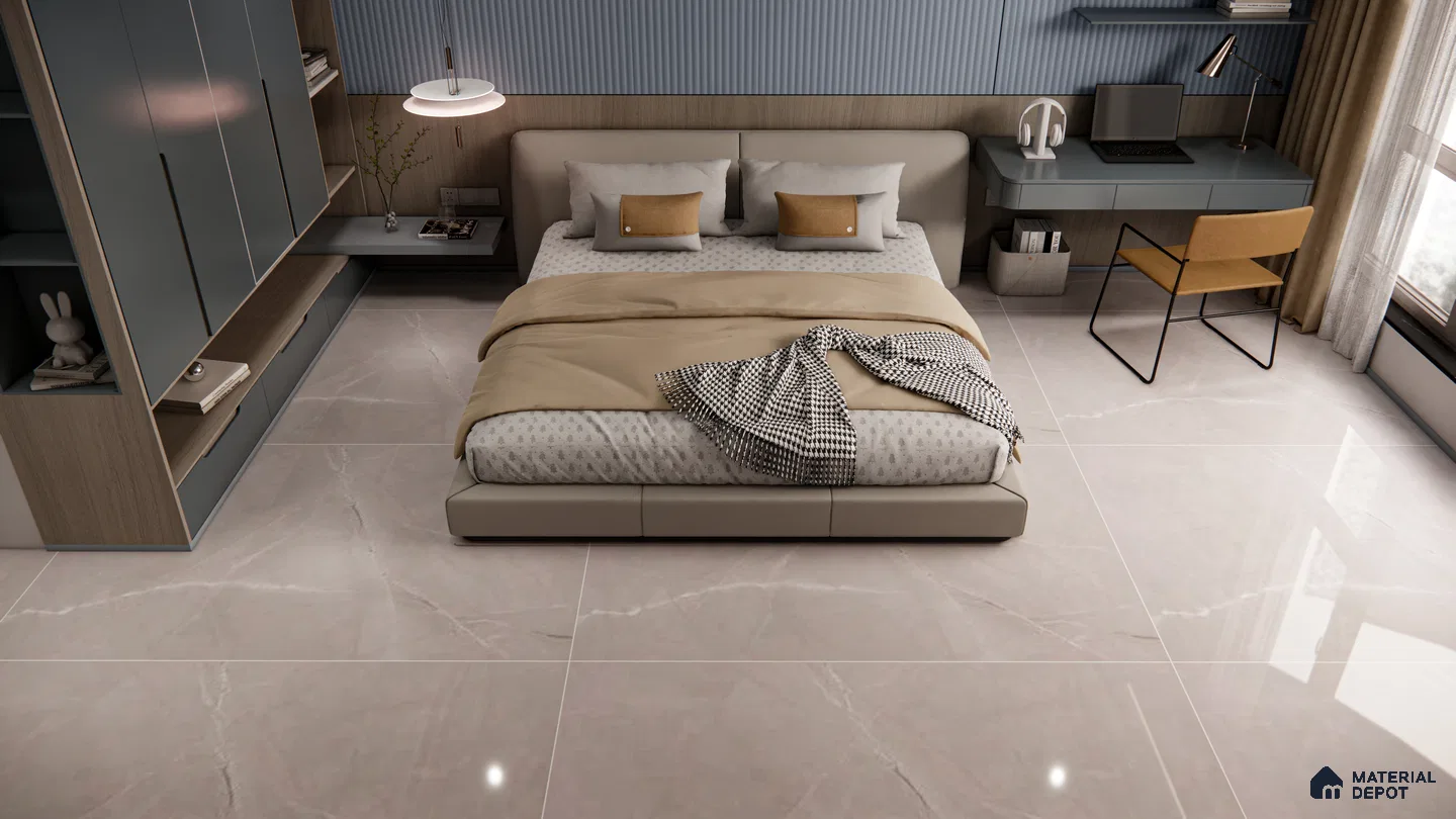 Modern Grey Bedroom with Seamless Marble Look Flooring | Material Depot