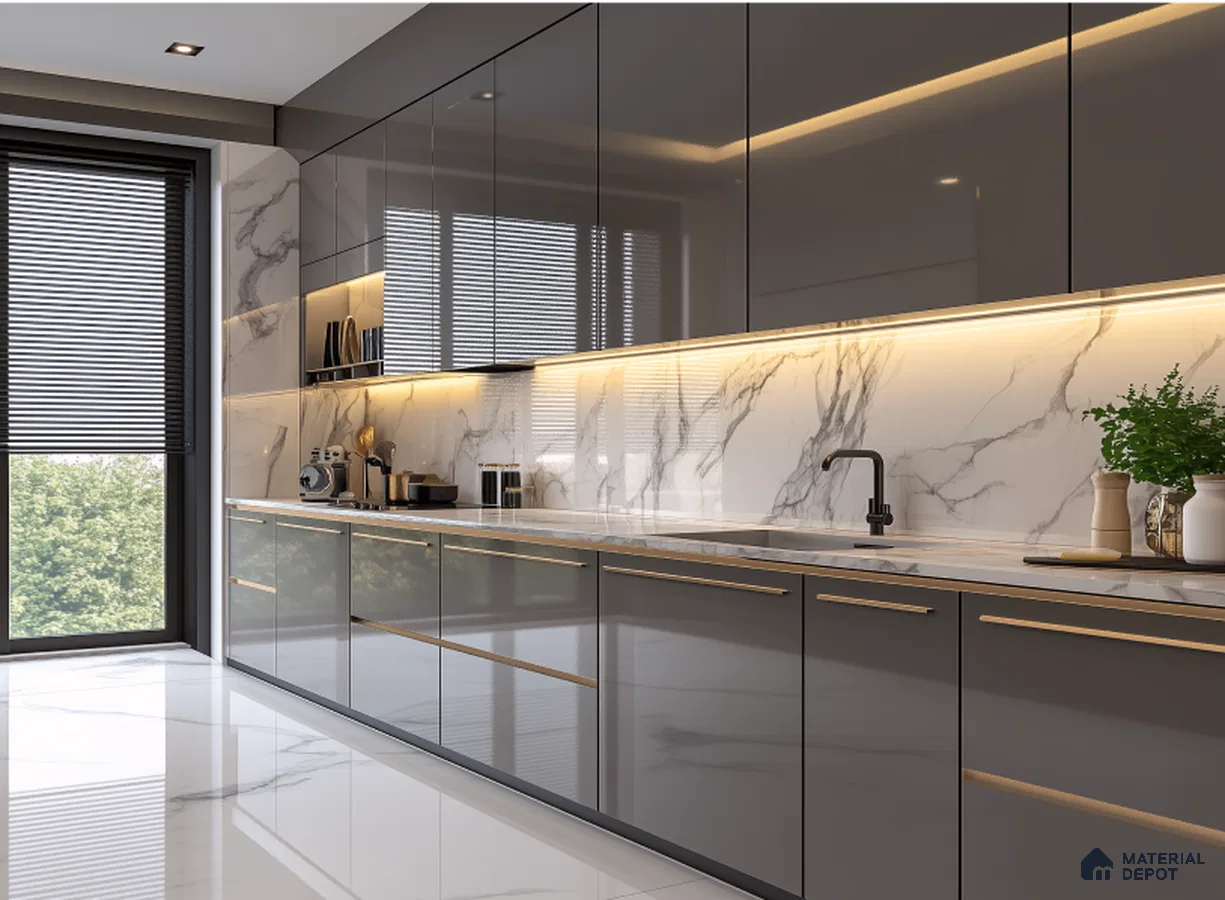 Modern Beige Glossy Kitchen with Sculpted Island and Gold Accents | Material Depot