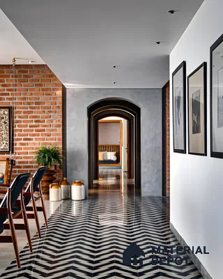 Modern Hallway with Herringbone Tiles and Brick Wall | Material Depot