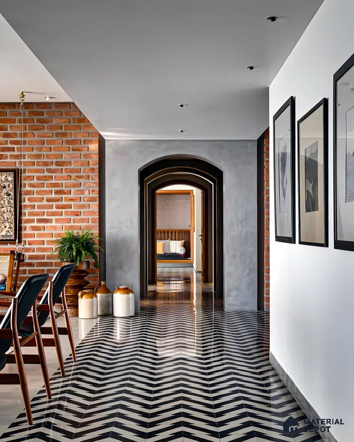 Modern Hallway with Herringbone Tiles and Brick Wall | Material Depot