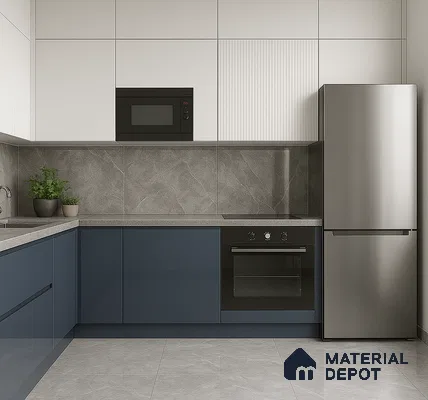Modern Handleless Kitchen with Grey Marble Dado, Loft Storage, and Glossy Grey Marble Flooring in 2BHK NCC Maple Heights, Whitefield | Material Depot