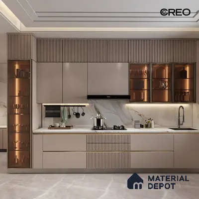 Modern Harmony: Taupe Kitchen With Fluted Accents And Marble Backsplash | Material Depot