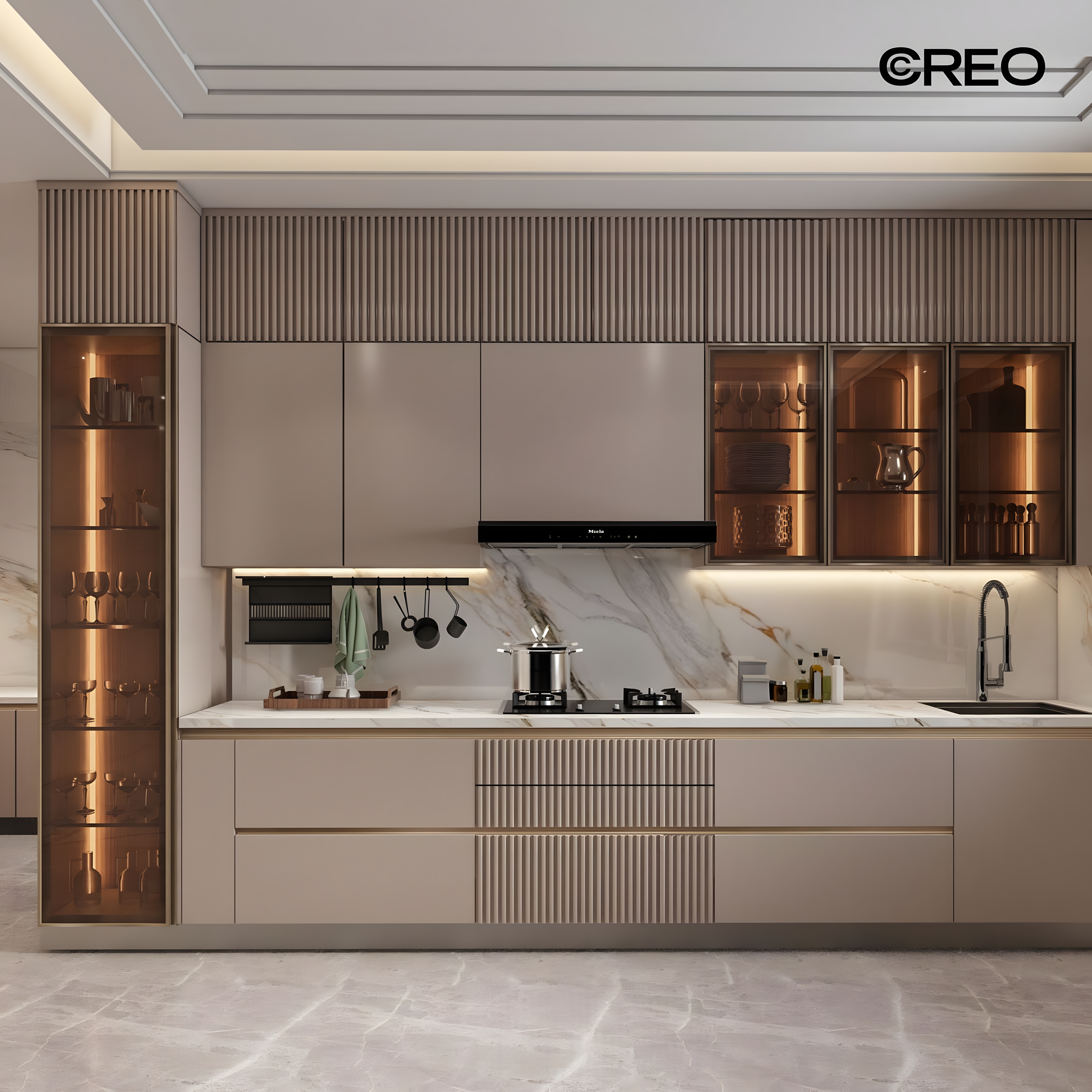 Modern Harmony: Taupe Kitchen With Fluted Accents And Marble Backsplash | Material Depot