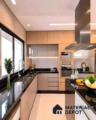 Modern Harmony: Warm Wood Meets Glossy Black Elegance | Material Depot