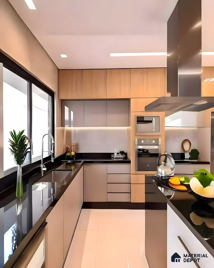 Modern Harmony: Warm Wood Meets Glossy Black Elegance | Material Depot