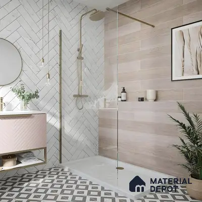 Modern Herringbone Wall with Wood-Effect Tiles and Geometric Floor Pattern | Material Depot