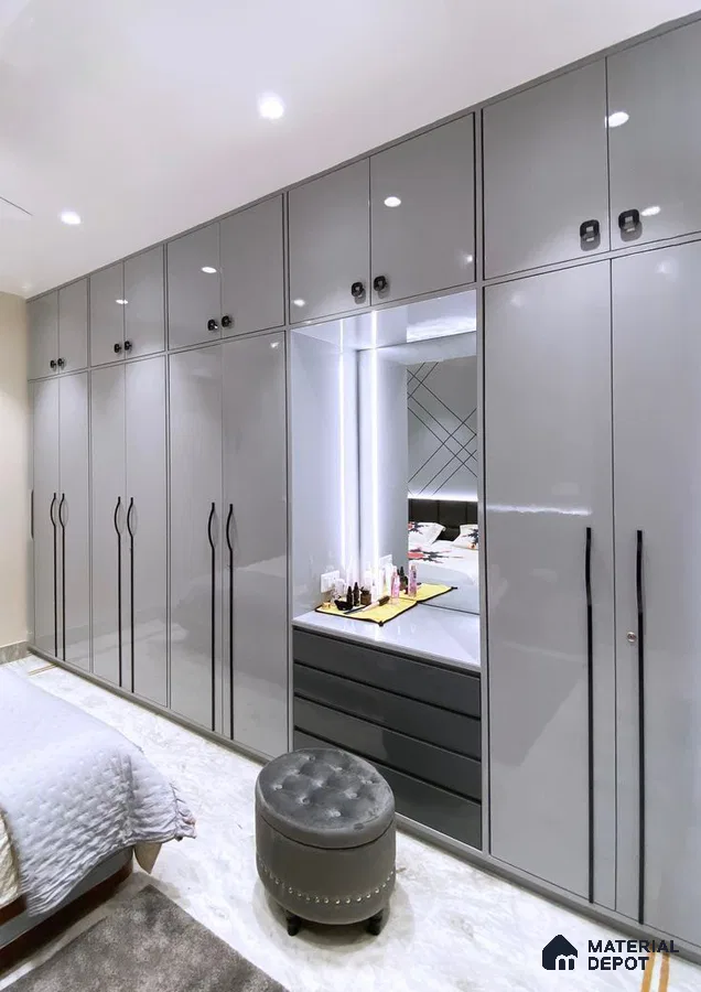 Modern high gloss grey laminate wardrobe with built-in vanity in bedroom | Material Depot