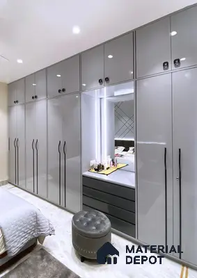Modern high gloss grey laminate wardrobe with built-in vanity in bedroom | Material Depot