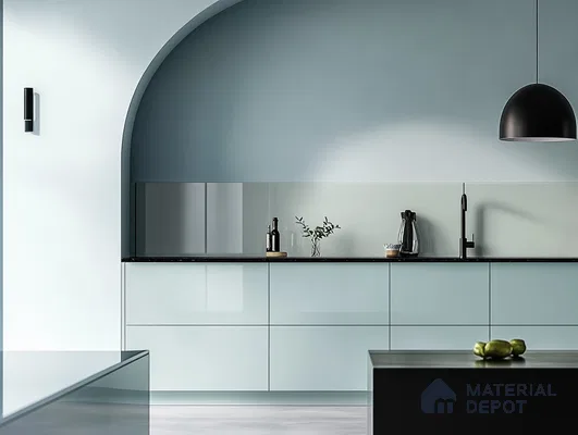 Modern Ice Blue Kitchen with Sleek Curved Design | Material Depot