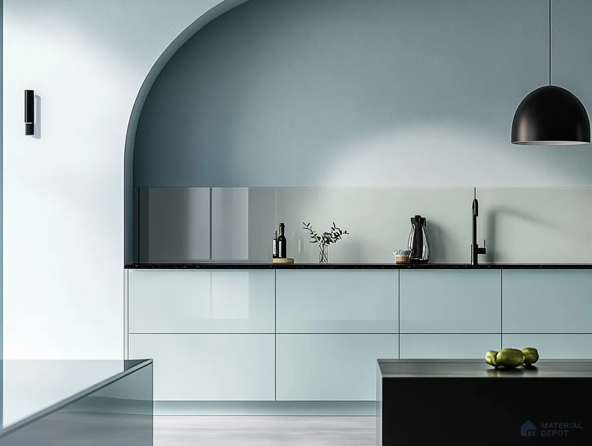 Modern Ice Blue Kitchen with Sleek Curved Design | Material Depot