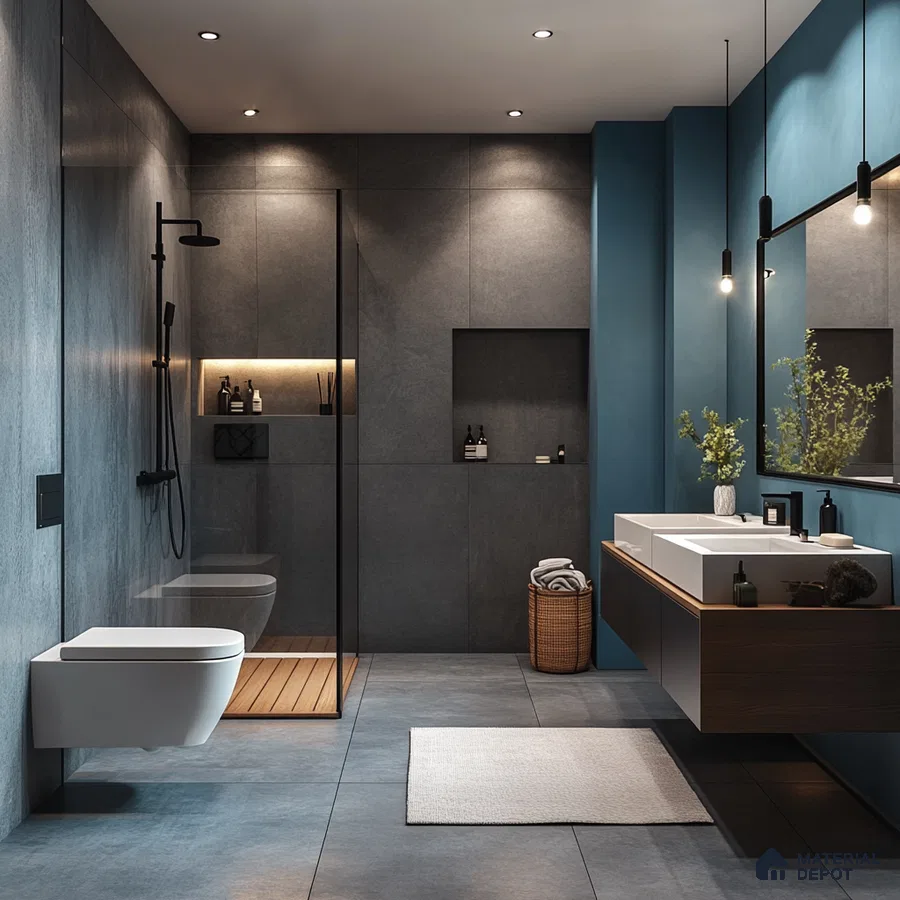 Modern Industrial Bathroom with Dark Accents and Wood Elements | Material Depot