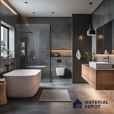 Modern Industrial Elegance: Stylish Bathroom with Wood Accents and Sleek Fixtures | Material Depot