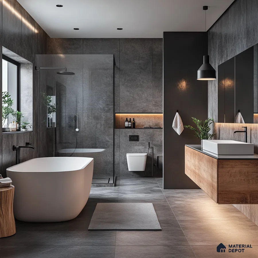 Modern Industrial Elegance: Stylish Bathroom with Wood Accents and Sleek Fixtures | Material Depot