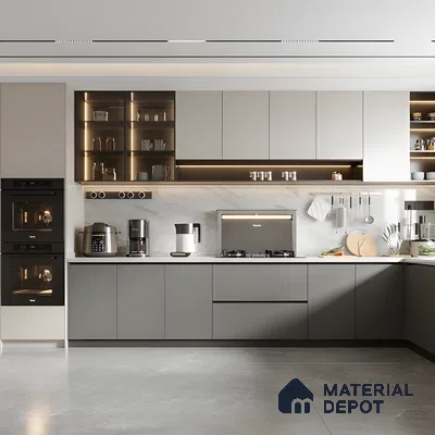 Modern Industrial Kitchen In Dual-Tone Matte Acrylic With Quartz Backsplash & Sleek Built-Ins | Material Depot