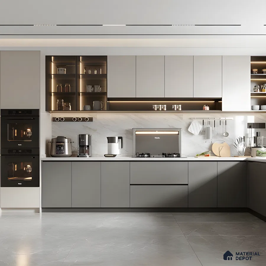 Modern Industrial Kitchen In Dual-Tone Matte Acrylic With Quartz Backsplash & Sleek Built-Ins | Material Depot