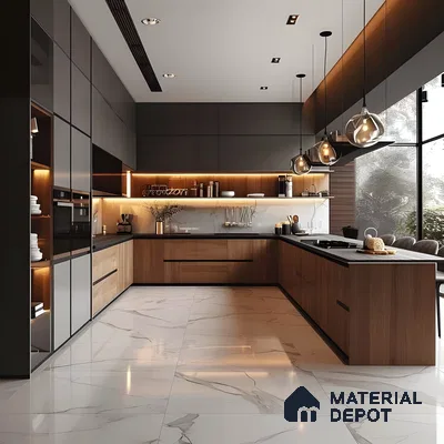 Modern Industrial Luxe Kitchen With Matte Black & Walnut Cabinets, Marble Accents & Ambient Pendant Lighting | Material Depot