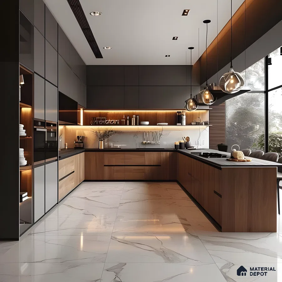 Modern Industrial Luxe Kitchen With Matte Black & Walnut Cabinets, Marble Accents & Ambient Pendant Lighting | Material Depot