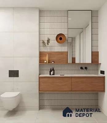 Modern Japandi-Inspired Bathroom With Vertical Line Tiles And Wood Accents | Material Depot