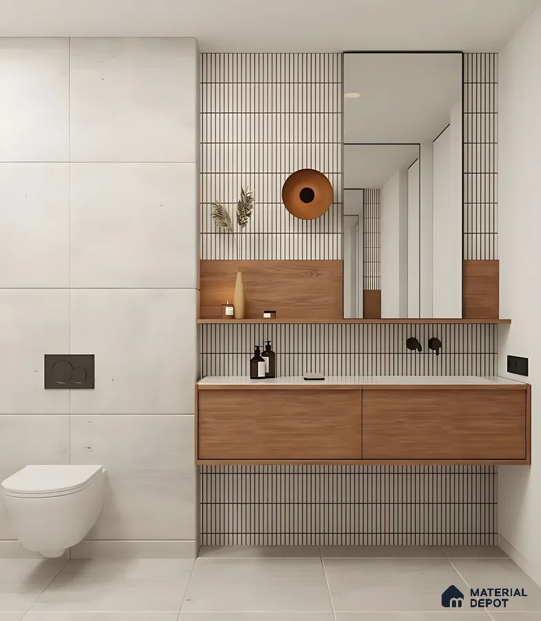 Modern Japandi-Inspired Bathroom With Vertical Line Tiles And Wood Accents | Material Depot