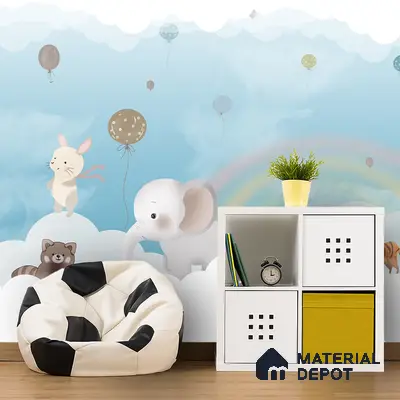 Modern kids room with animal print wallpaper, white modular storage, and football bean bag in Bengaluru