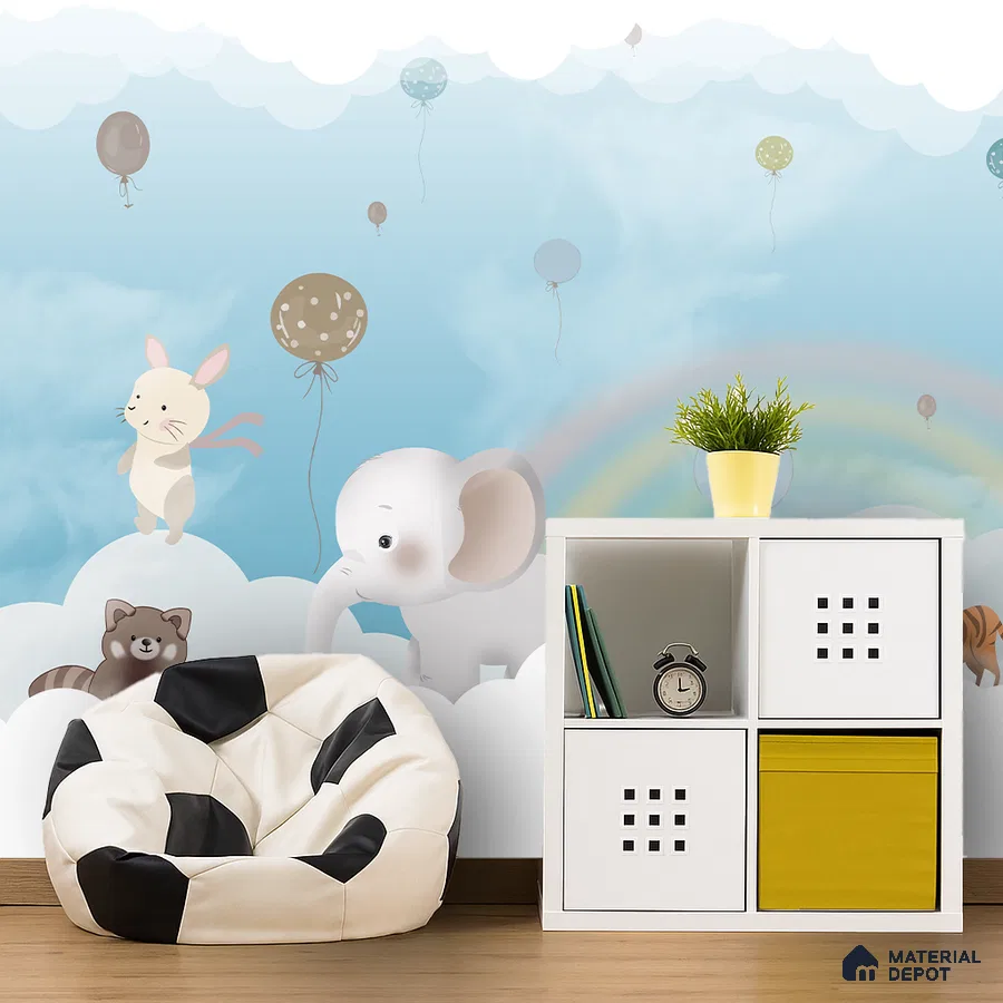 Modern kids room with animal print wallpaper, white modular storage, and football bean bag in Bengaluru