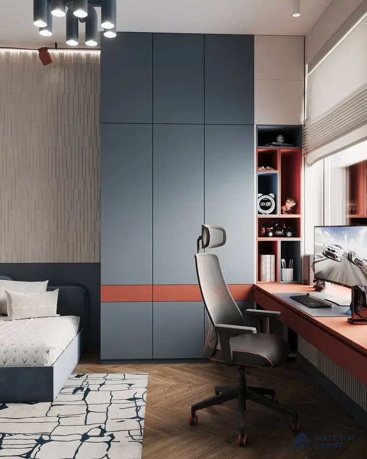 Modern kids room with blue and terracotta laminate wardrobe, herringbone wooden flooring, and textured wall panels | Material Depot