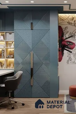 Modern kids room with blue geometric fluted wardrobe, open shelving, and wood-look flooring | Material Depot