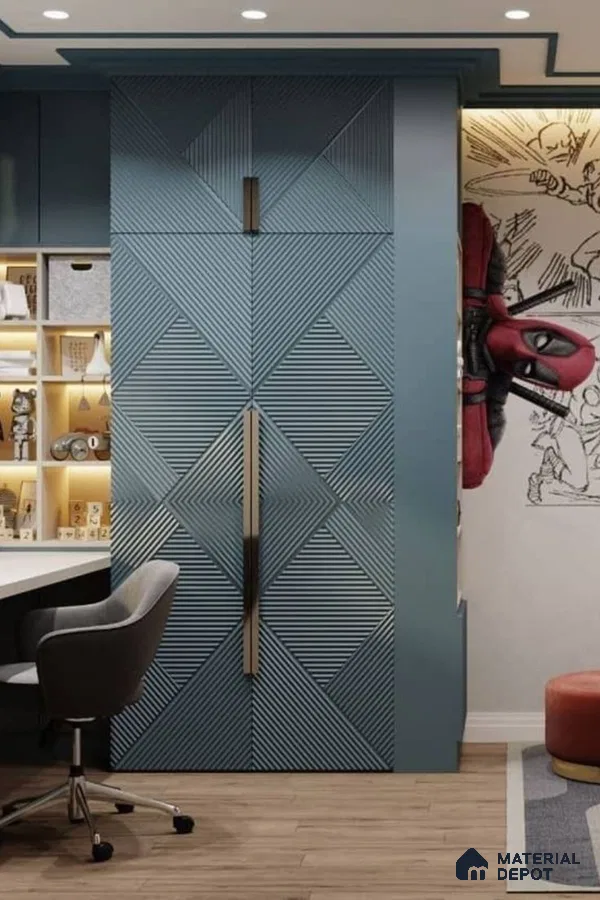 Modern kids room with blue geometric fluted wardrobe, open shelving, and wood-look flooring | Material Depot