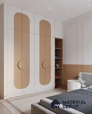 Modern kids room with frosty white and biscuit beige laminate wardrobe and panelled accent wall | Material Depot