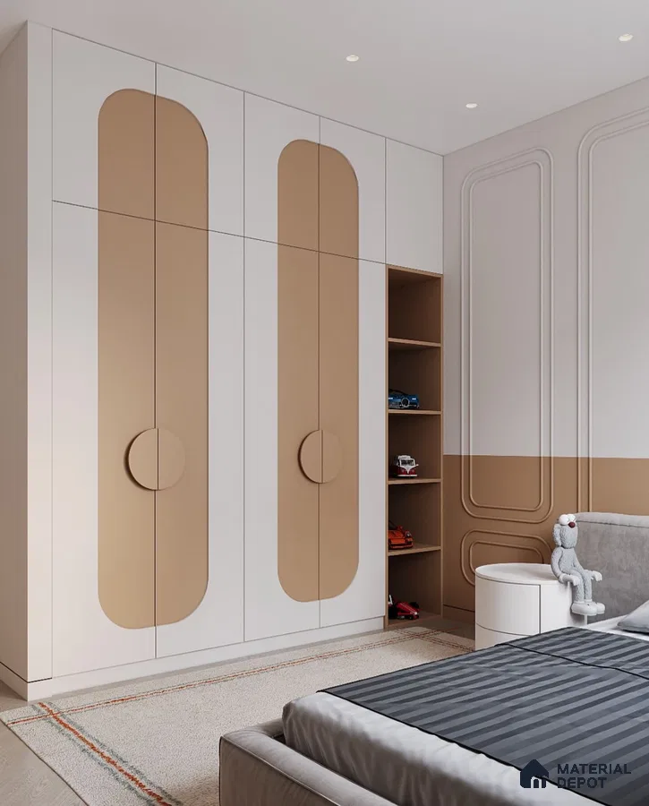 Modern kids room with frosty white and biscuit beige laminate wardrobe and panelled accent wall | Material Depot