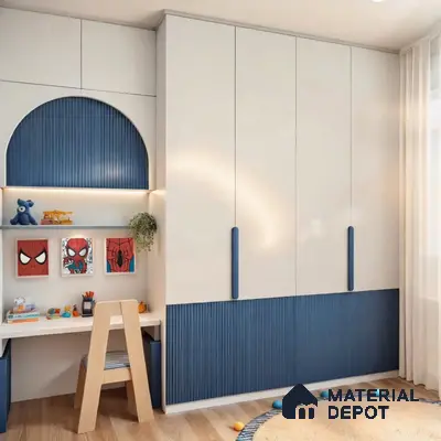 Modern kids room with frosty white and navy blue fluted laminate wardrobe and study unit | Material Depot