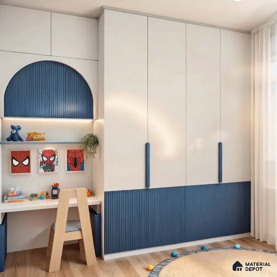 Modern kids room with frosty white and navy blue fluted laminate wardrobe and study unit | Material Depot