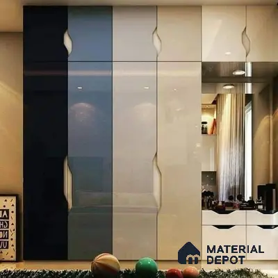 Modern kids room with high gloss navy blue, pastel blue, and frosty white laminate wardrobe | Material Depot
