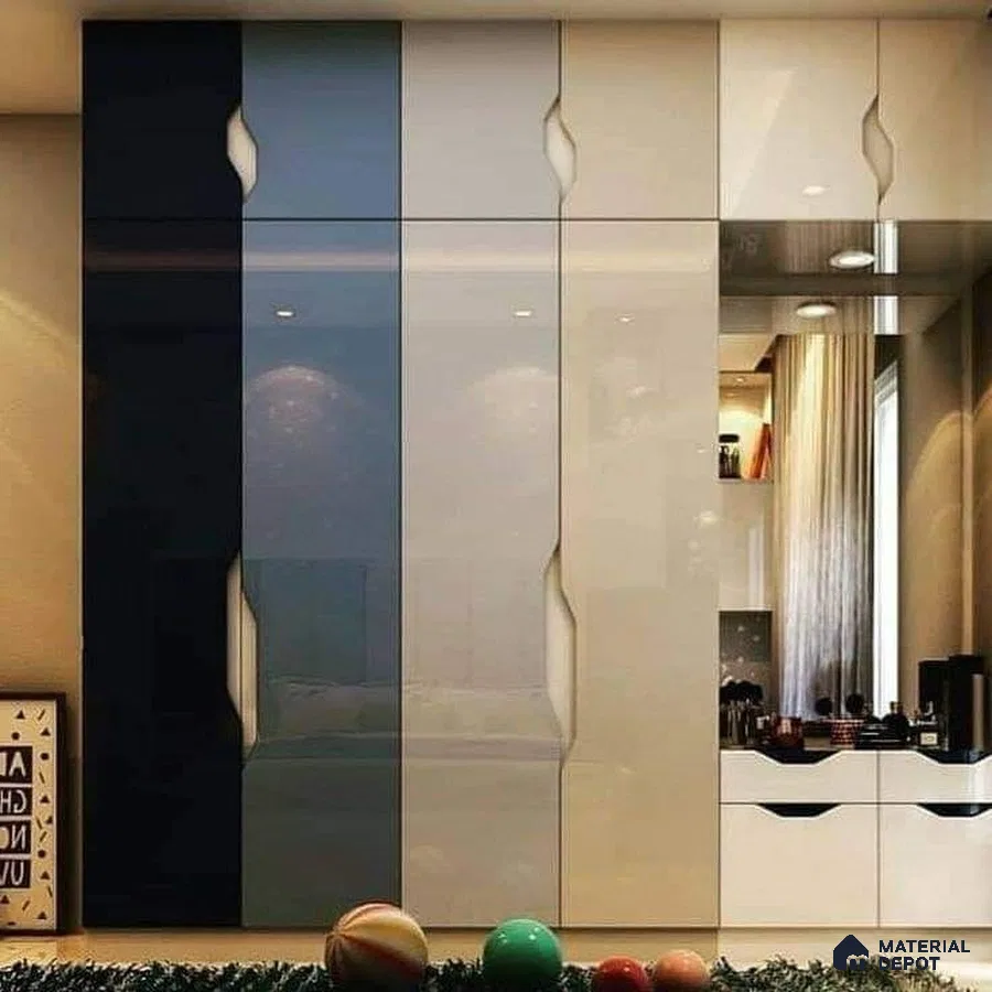 Modern kids room with high gloss navy blue, pastel blue, and frosty white laminate wardrobe | Material Depot