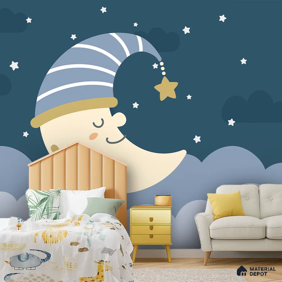 Modern kids room with moon and stars graphic wallpaper and pastel wood bed in Bengaluru