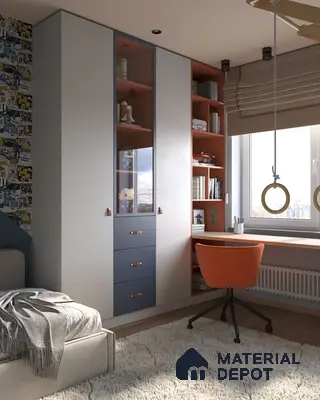 Modern kids room with pastel blue and orange laminate wardrobe, comic wallpaper, and wooden study desk | Material Depot