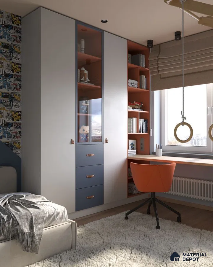 Modern kids room with pastel blue and orange laminate wardrobe, comic wallpaper, and wooden study desk | Material Depot
