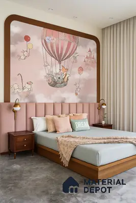 Modern kids room with pastel pink padded headboard, whimsical wallpaper, and wooden bed frame in Purva Fountain Square Marathahalli 2 BHK Bengaluru Apartment