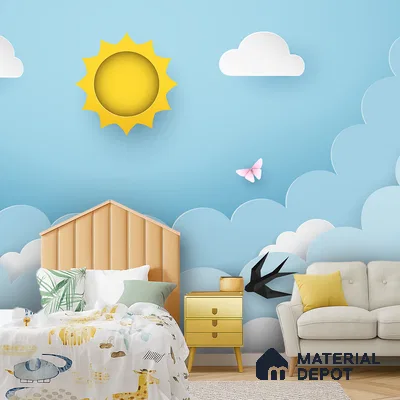 Modern kids room with playful sky-themed wallpaper and pastel yellow headboard in Bengaluru
