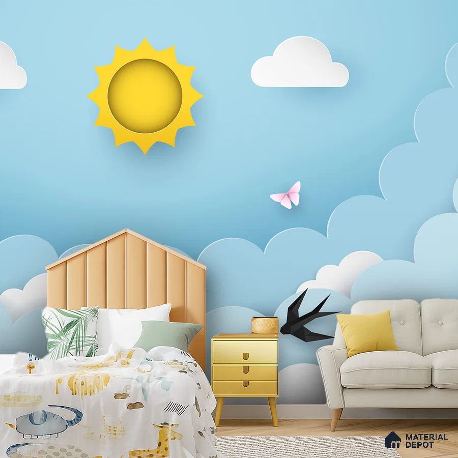Modern kids room with playful sky-themed wallpaper and pastel yellow headboard in Bengaluru