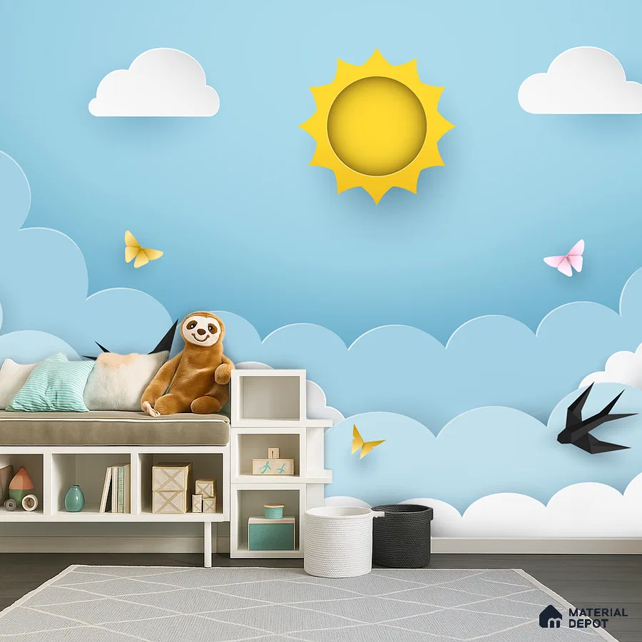 Modern kids room with sky blue cloud and sun wallpaper and white laminate storage bench in Bengaluru