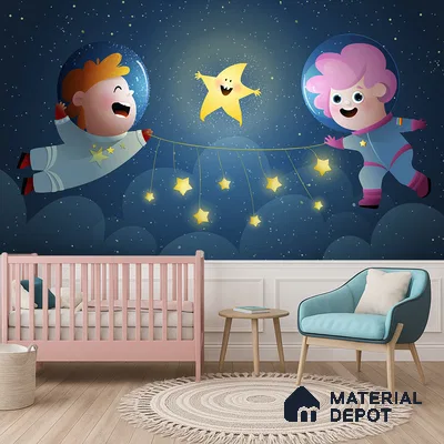 Modern kids room with space-themed cartoon wallpaper, pastel pink crib, and light wood flooring in Bengaluru