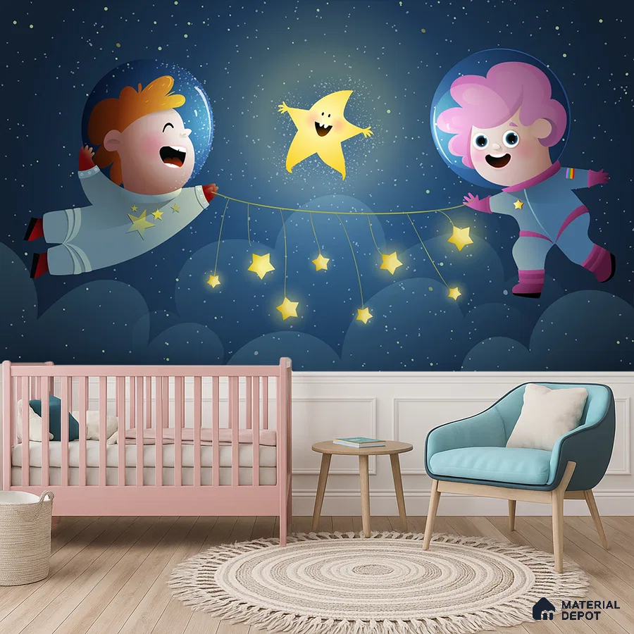 Modern kids room with space-themed cartoon wallpaper, pastel pink crib, and light wood flooring in Bengaluru