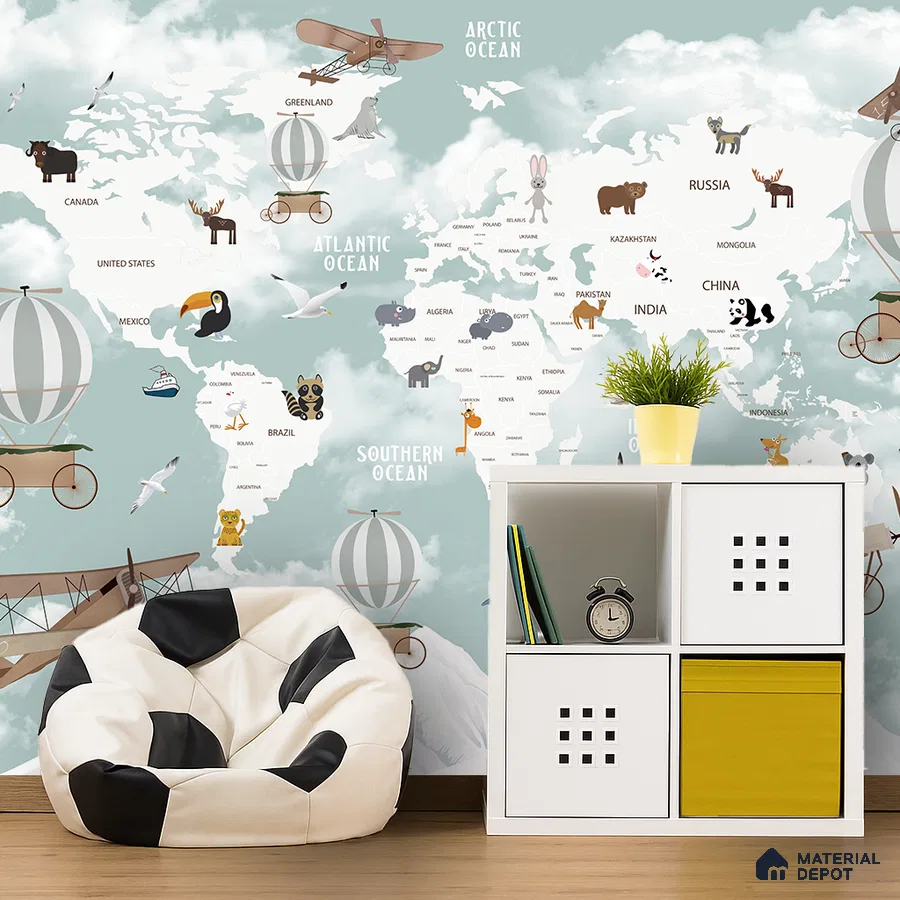 Modern kids room with world map animal print wallpaper and white modular storage in Bengaluru