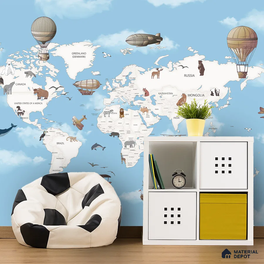 Modern kids room with world map wallpaper, white modular storage, and football bean bag in Bengaluru