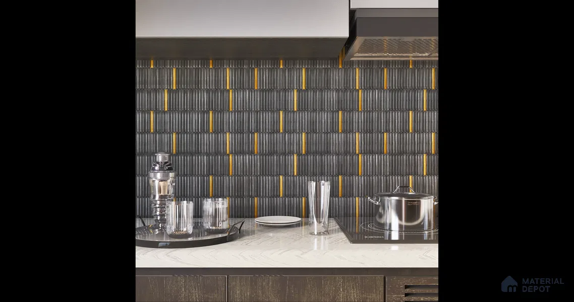 Faux Subway Wall Tile TL 04691 Vertiline Kitkat Solara Space Mixed Black 2 ft x 1 ft Ceramic Glossy Finish - 9 mm | Suitable For Kitchen, Bathroom Walls and Backsplashes | Please Expect a Slight Variation of Pattern