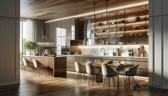 Modern Kitchen Brilliance with Contrasting Wood and Reflective Surfaces | Material Depot