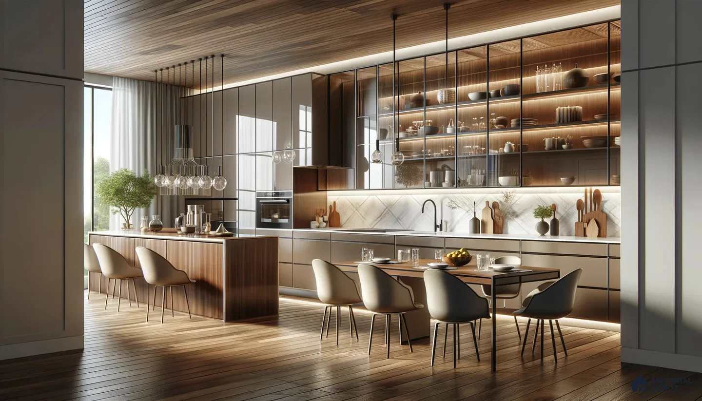 Modern Kitchen Brilliance with Contrasting Wood and Reflective Surfaces | Material Depot