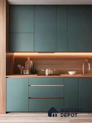 Modern Kitchen Charm with Deep Teal Cabinets and Natural Wood Highlights | Material Depot