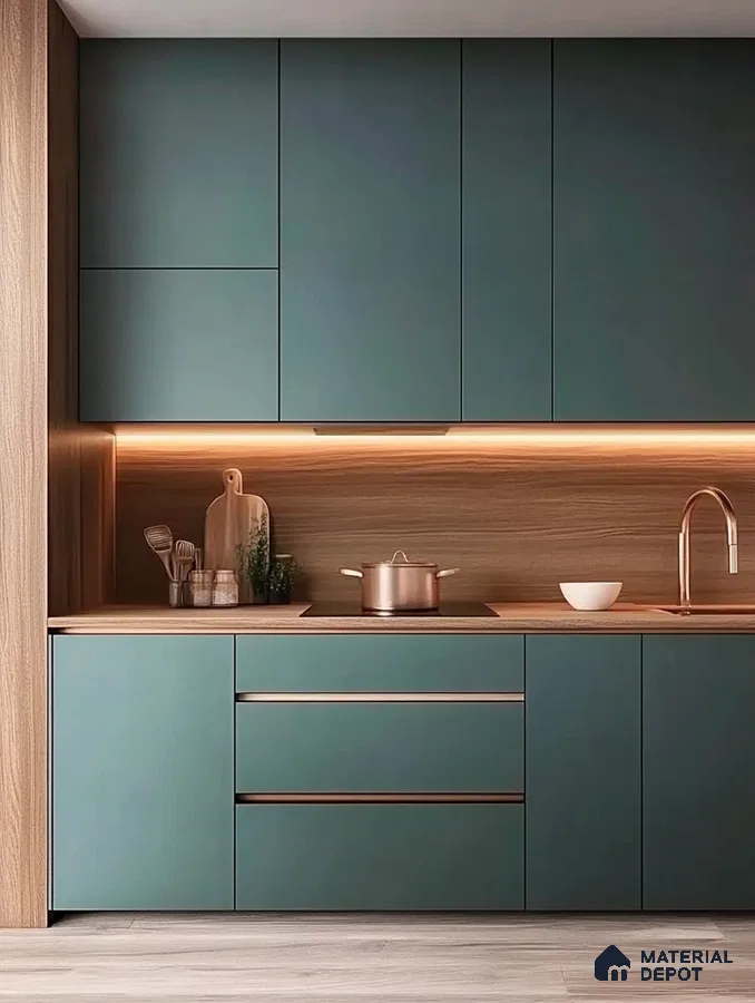 Modern Kitchen Charm with Deep Teal Cabinets and Natural Wood Highlights | Material Depot